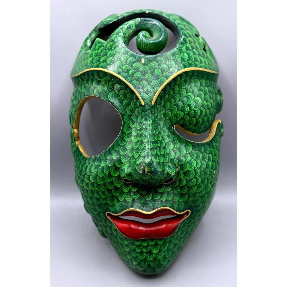 Balinese Batik Wood Mask Green Scale Hand Painted Bali Indonesia Folk Art 11.5in